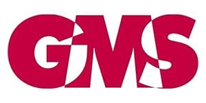 A red and white logo for gms