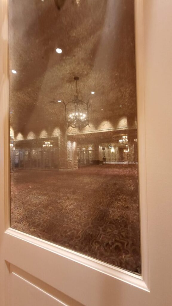 A view of a room through the window.