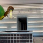 Person installing a clear light bulb on an exterior wall.