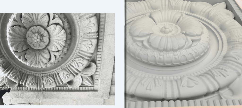 Two pictures of a white stone carving.