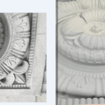 Two pictures of a white stone carving.