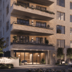 A rendering of the front entrance to a building.